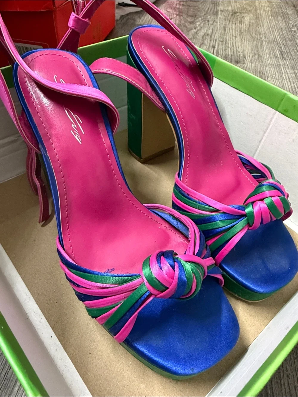 Amazon Green and Pink Strappy Platform Heels